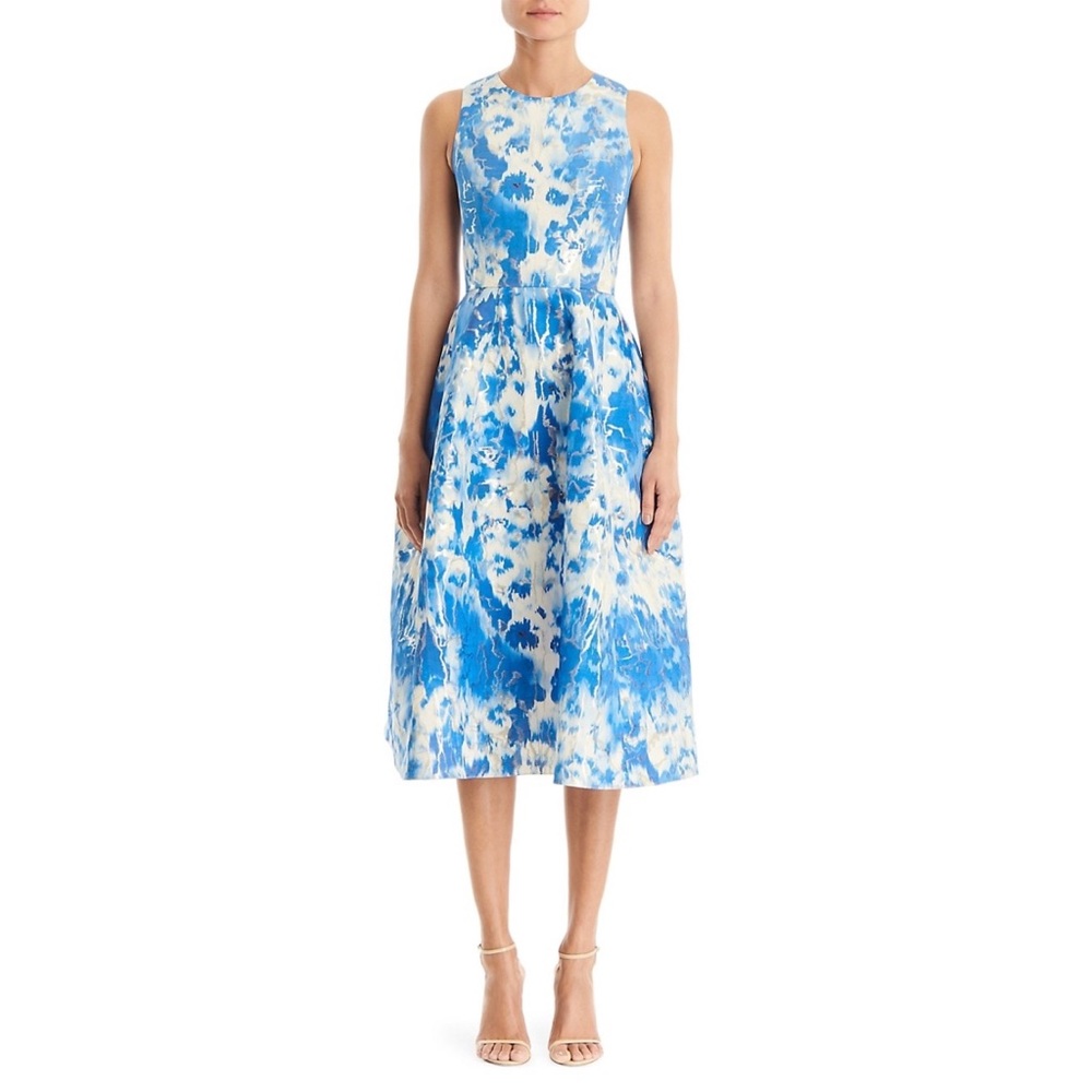 Carolina Herrera Tie-Dye Blue White Metallic Stretch-Silk A-Line Dress